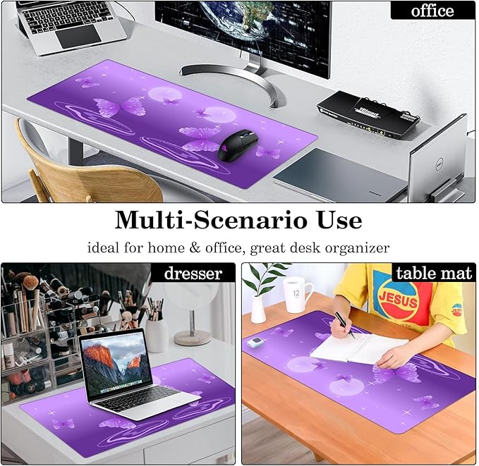 Star Moon Butterfly Desk Pad Protector, Stitched Edges Mouse Pad, Large Office Desk Mat, Non-Slip Desk Blotter, Laptop Desk Pad, Desk Writing Pad for Office and Home (31.5" x 15.7 ")