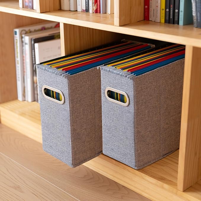 2 Packs Letter Size File Organizer, File Folders Organizer, Fabric Storage Box, Collapsible Paper Organizer with Metal Handle, Smooth PVC Rails, Only Box (Gray)