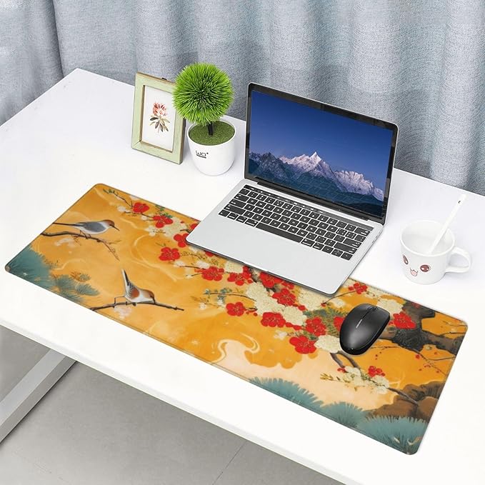 Gaming Mouse Pad, Large Non-Slip Rubber Base Mousepad, Keyboard Mouse Mat, Desk Pad with Stitched Edges, 31.5x11.8inch,Birds Tree