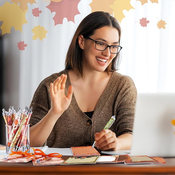 36 Pcs Fall Sticky Notes Include 12 Thanksgiving Notepads and 12 Pen and 12 Ribbon Fall Pumpkin Maple Leaf Turkey Self Adhesive Memo Pad for School Office Home Thanksgiving Gift