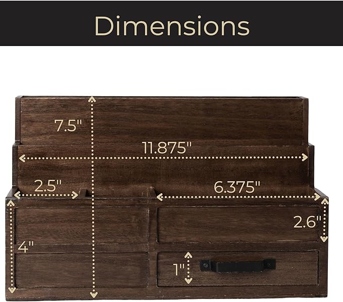 BLU MONACO Brown Wood Mail Organizer with Drawer & Pen Holder – Desk Organizer for Bills, Storage, Countertop & Kitchen