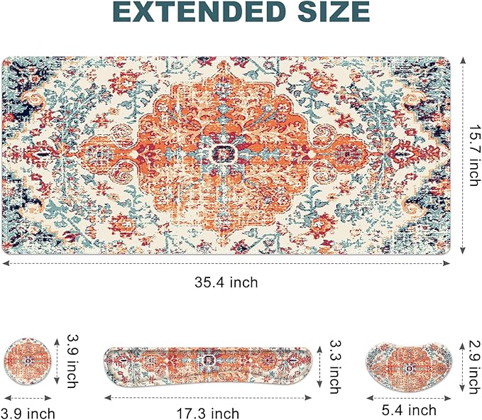 Keyboard Mouse Pad Set, Extended Gaming Mouse Pad +Keyboard Wrist Support +Mouse Wrist Rest +Coaster, 35.4x15.7 in XXL Large Ergonomic Desk Mat 4in1 Set for Home Office, Vintage Bohe