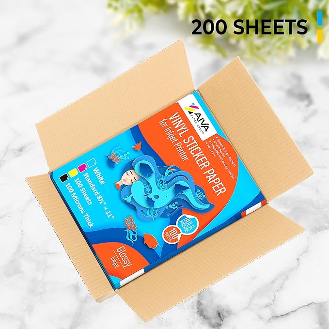Printable Vinyl Sticker Paper - Waterproof Decal Paper for Inkjet Printer - 200 Self-Adhesive Sheets - Glossy White - Standard Letter Size 8.5"x11"