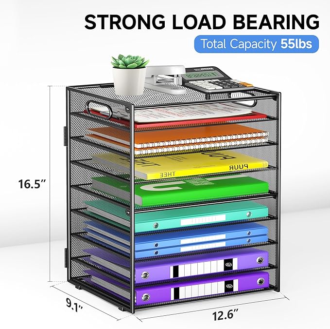 9 Tier Paper Organizer with Handle, Large Capacity Desk Organizer Mesh Paper Letter Tray File Folder Document Sorter for Classroom and Office Accessories Organization- Black (2 Pack)