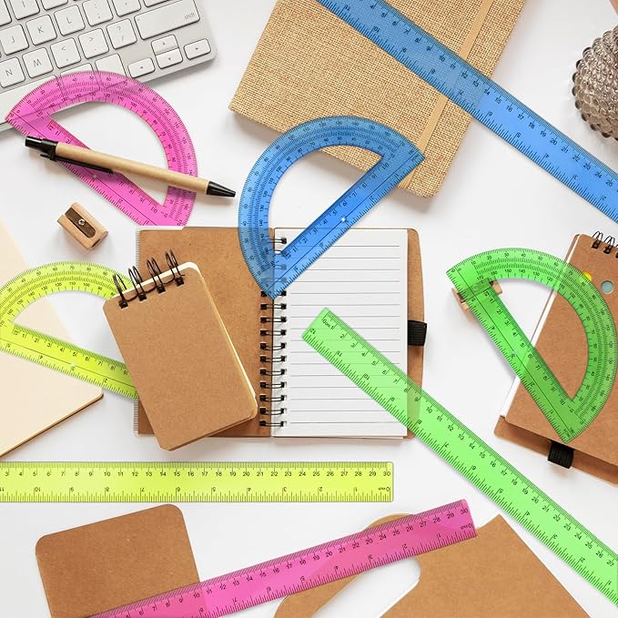 8pcs 6in Plastic Protractor with 12in Plastic Ruler Set,Clear Protractor Clear Ruler Math Geometry Protractor Ruler Set Student Classroom Protractor with Ruler,Transparent Protractor for School