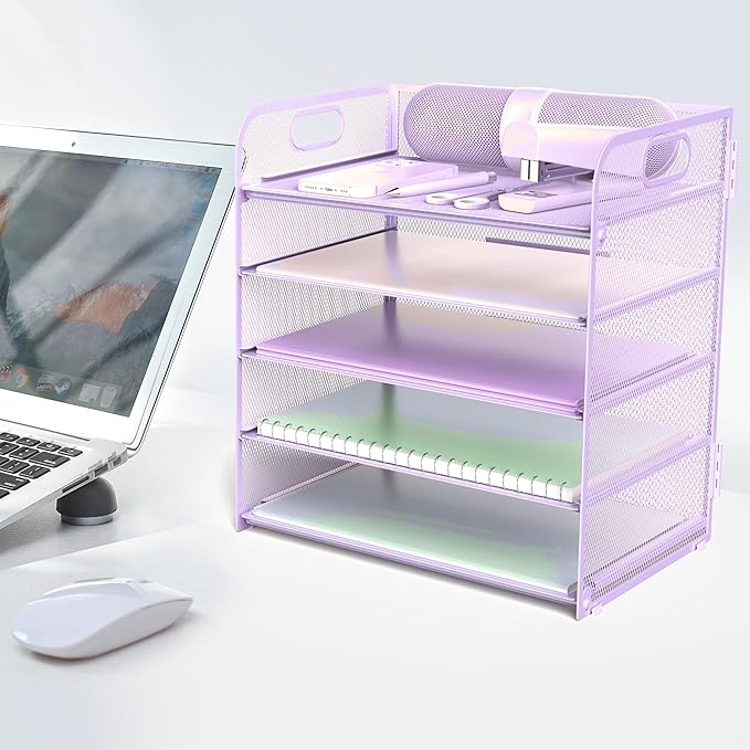 Letter Tray Paper Organizer 5-Tier Desk Organizer File Organizer Paper Holder with Handle, Metal Desktop Document Shelf Tray Office Classroom Organization - Purple