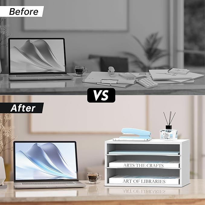 SUPEASY Wood Desk Organizer, 3 Tier Paper File Organizer for Desk, Wooden Desktop Organizer, Paper Letter Literature Mail Sorter, for Office School & Home Organization, White