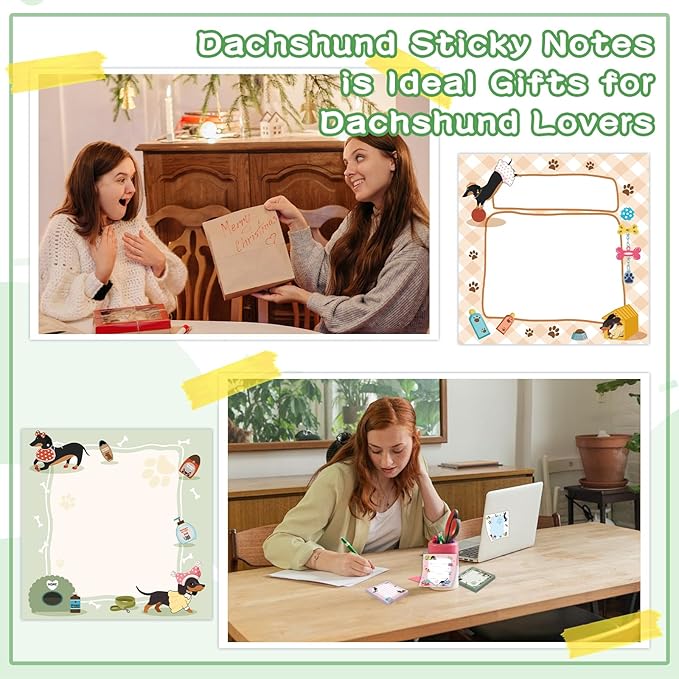 9 Pcs Cute Dachshund Notepads 3" x 3" Self-Adhesive Note Pads Fun Memo for Work Office Supplies School Home - 450 Sheets Reusable Dachshund Sticky Notes