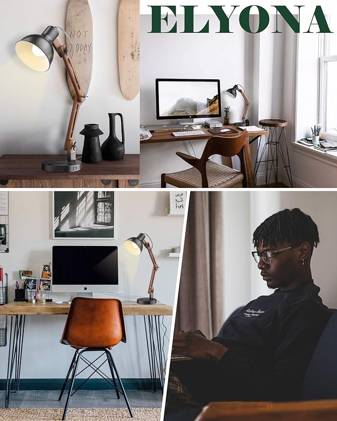 ELYONA LED Sapele Wood Desk Lamp with Upgraded Wireless Charger & USB C Charging Port Modern Table Lamp Swing Arm Bedside Reading Task Light for Dorm Office Bedroom Living Room Bulb Included Black