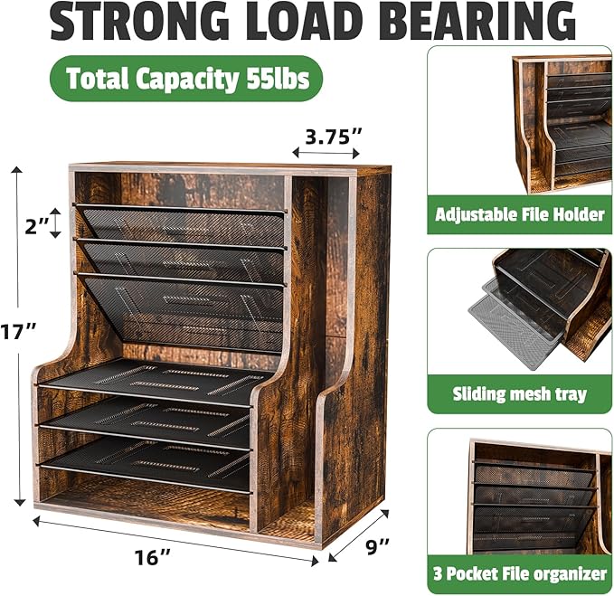 Simple Trending 7 Tier Desk File Organizer, Wooden Letter Tray Paper Organizer with Adjustable File Holder, Mesh Desktop Organizer and Storage for Office Supplies