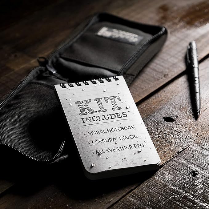 Rite in the Rain Weatherproof 3" x 5" Top-Spiral Notebook Kit: Black CORDURA Fabric Cover, 3" x 5" Black Notebook, and Weatherproof Pen (No. 735B-KIT)