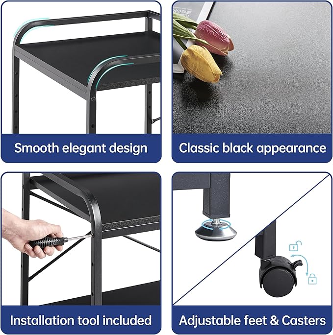 2 Tier Under Desk Printer Stand with Storage, 20 Inches Deep Large Printer Table with Height Adjustable Shelf, Rolling Printer Cart with Wheels for Home Office - Black