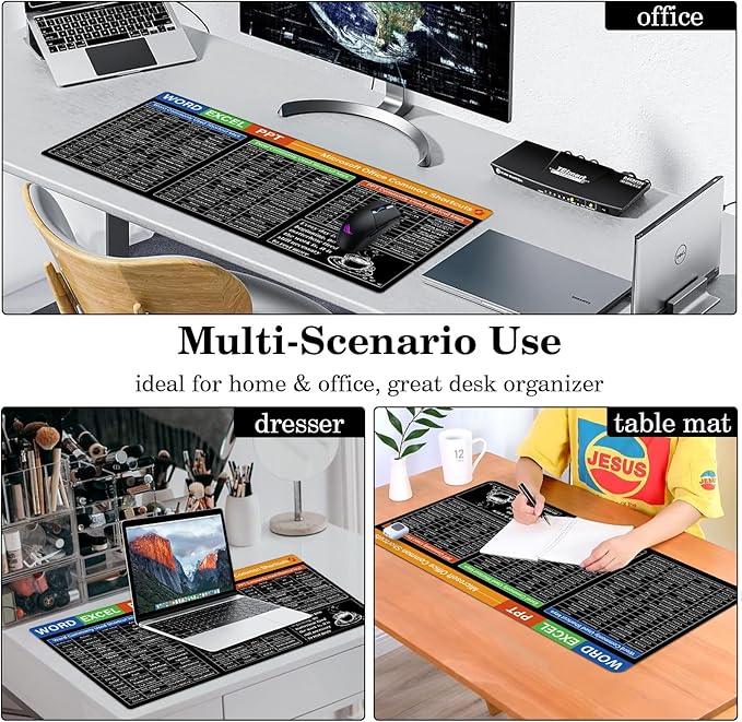 Microsoft Office Shortcuts Desk Pad Protector, Stitched Edges Mouse Pad, Large Office Desk Mat, Non-Slip Desk Blotter, Laptop Desk Pad, Desk Writing Pad for Office and Home (31.5" x 15.7 ")