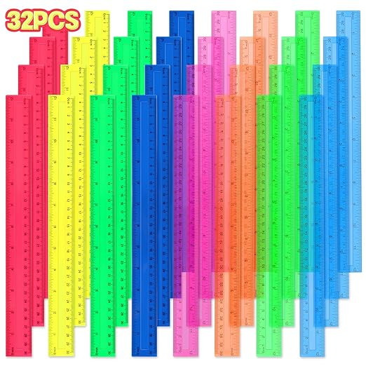 12 Inch Plastic Rulers, 32 Pack Assorted Colors Transparent Ruler Bulk, Metric Rulers with Inches and Centimeters, Straight Ruler Measuring Tool for Student Office Home Back to School Supplies