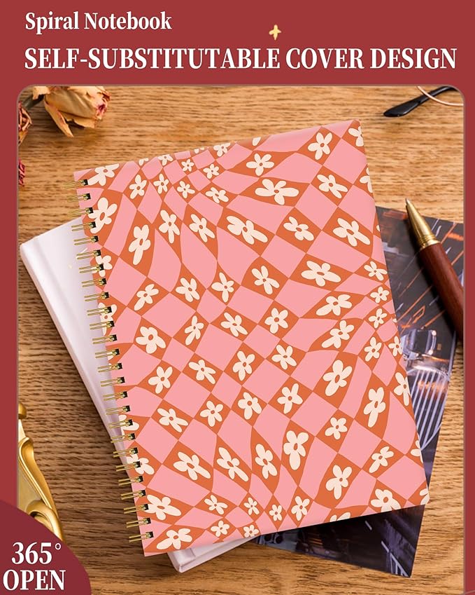 Spiral Journal Notebook for Women,A5 College Ruled Notebooks 6"x 8.4", 120 Pages Lined Journal with Premium Thick Paper,Perfect for School Office Home Gifts(Checkered flowers)