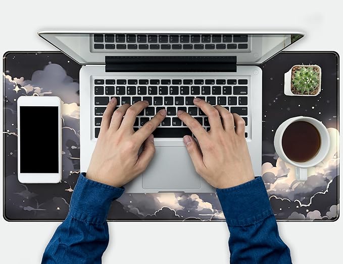 Black Anime Cloud Desk Mat XXL Large Gaming Mouse Pad Computer Laptop Mat, Extended Non-Slip Rubber Base Mousepad Keyboard and Mouse Mat, Night Sky Desk Pad with Stitched Edges, 31.5x15.75 in