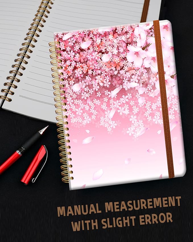 Ruled Spiral Writing Notebook,A5 Hardcover Lined College Journal for Women Lady Girl,Cute Strong Twin-Wire Binding with Premium Paper,8.4" X 6",Perfect for School,Office,Home Gifts(Cherry Blossom