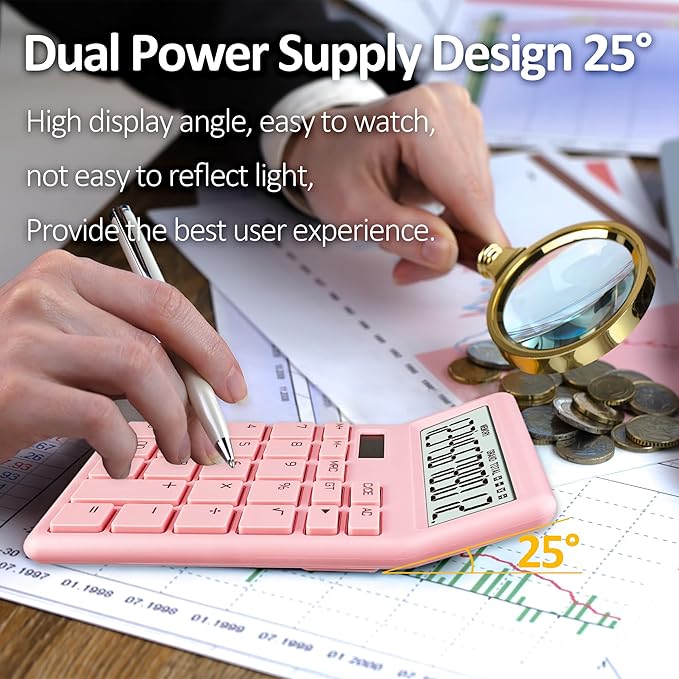 Desk Calculator 12 Digit,Pink Desktop Dual Power Battery and Solar,Desk Calculators with Large LCD Display,Perfect for Home, Office,and School Use,Auto Sleep