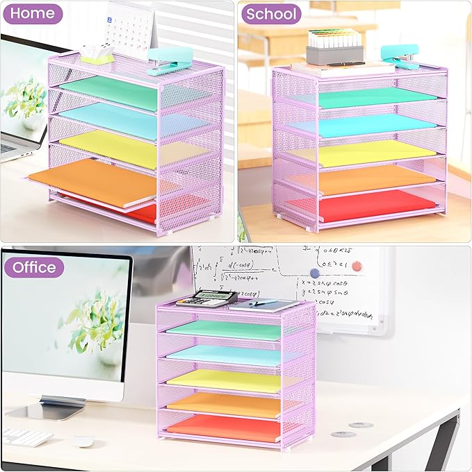 2 Pack 6 Tier Paper Organizer, Metal Mesh Desk File Folder, Letter Tray Organizer, Paper Sorter Desk Organizers for Office, Home or School File Folder Holder - Purple