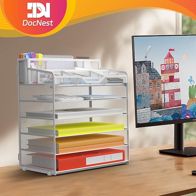 Docnest 6 Tier Mesh Desk Organizer for Paper Office Supplies – Multi-Functional Letter Tray with 5 Adjustable Compartments, 3 Pen Holders, Desktop Storage for Files, Mail, Stationery – White