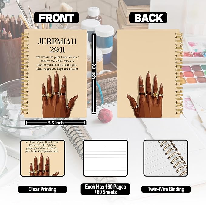 XPH Christian Spiral Notebook, Jeremiah 29:11 Bible Verse Journaling Notebooks for Note Taking, Religious Hardcover Journal for Writing 160 Pages 5.5 x 8.3 Inch, Christian Gifts for Black Women