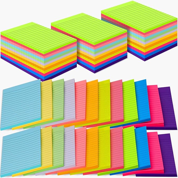 60 Pack Lined Sticky Notes Bulk 4 x 6 in Large Ruled Post Sticky Colorful Self-Stick Note Pads with Lines 12 Color Super Sticking Power Memo Pads 45 Sheets/pad for Office Home School Notebook Wall