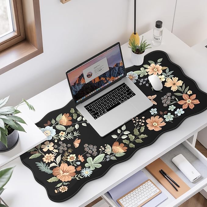 HAOCOO Desk Mat for Keyboard and Mouse, Large Scalloped Desktop Mat, Floral Mouse Pad for Desk, Washable Computer Desk Mat with Edge Stitching, Non-Slip Large Mouse Pad for Office, Home(Black)