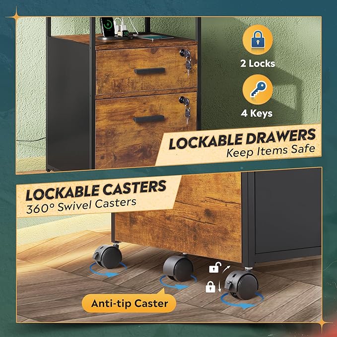 DEVAISE 2 Drawer File Cabinet with Lock and Charging Station, Wood Filing Cabinet fits A4 or Letter Size, Mobile Printer Stand with Open Storage Shelf for Home Office, Rustic Brown