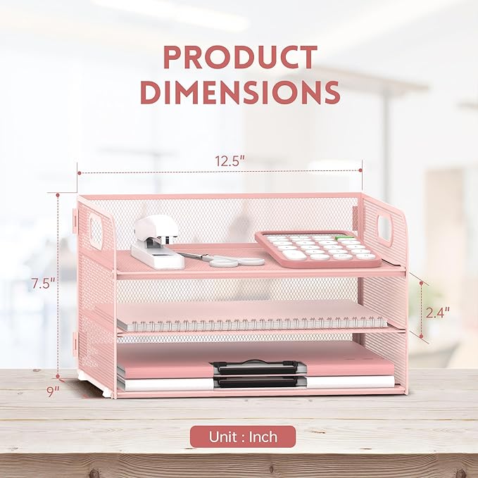 SUPEASY 3 Tier Paper Organizer with Handle, Mesh Desk Organizer Letter Tray, A4 File Folder Paper Tray, Pink