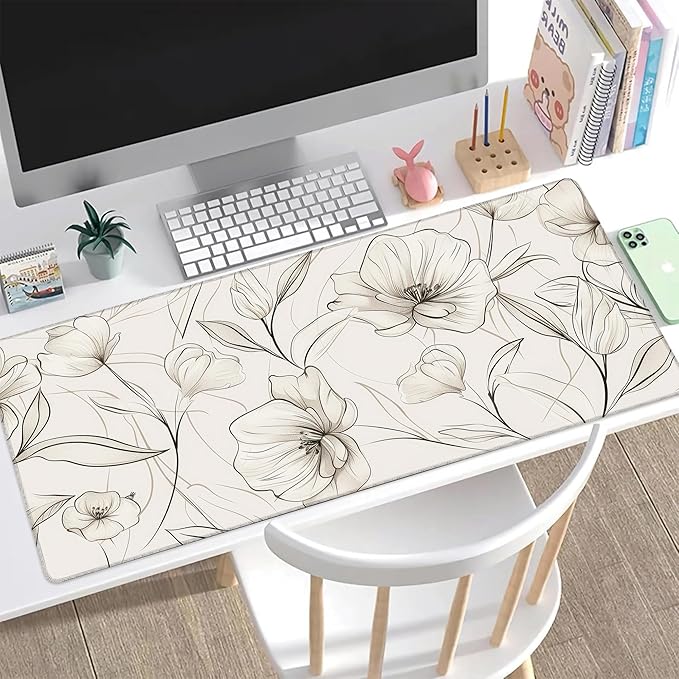 Desk Pad, Boho Minimalist Flowers XL Gaming Mouse Pad with Stitched Edges,Non-Slip Waterproof Rubber Base Large Desk Mat for Keyboard and Mouse 31.5"x11.8"