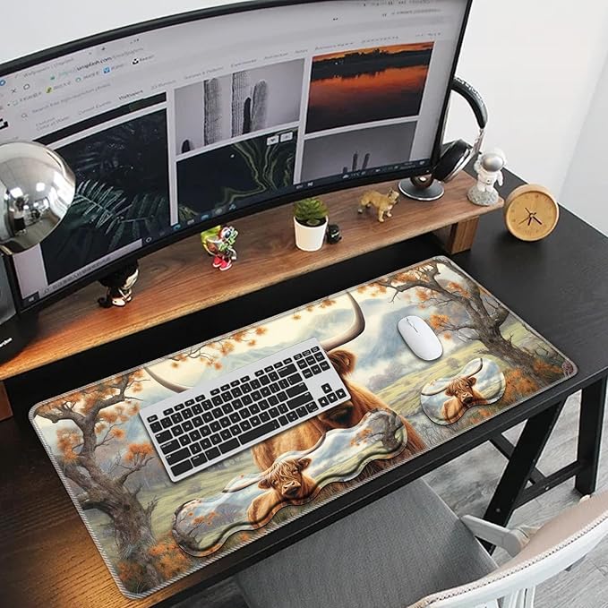 Keyboard Mouse Pad Set,Large Mouse Pad+Keyboard Wrist Rest+Wrist Support+Coaster,31.5x11.8in Extended Desk Mat for Computer Laptop Office Home-Highland Cow