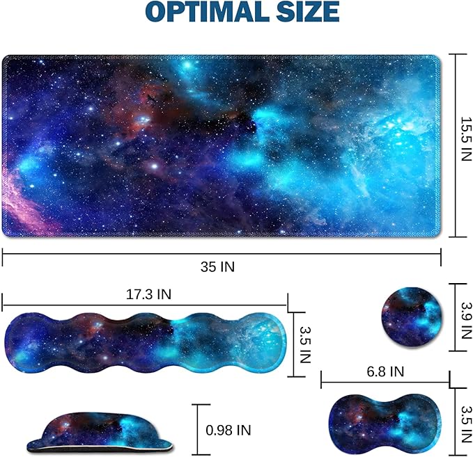 Extended Gaming Mouse Pad, Keyboard Wrist Rest Pad, Wrist Support Mousepad Set, Artso Large Rubber Base Stitched Edges, Multifunctional Desk Pad (35 x15.5 in) for Work, Office, Home, Universe Galaxy