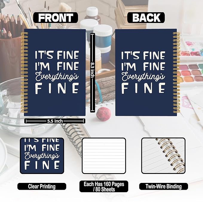 XPH Funny Navy Blue Spiral Notebook, It's Fine I'm Everything Is Fine Journaling Notebooks for Women Men, Humorous Hardcover Journals for Office 160 Pages 5.5 x 8.3 Inch, Sarcastic Gifts for Coworkers