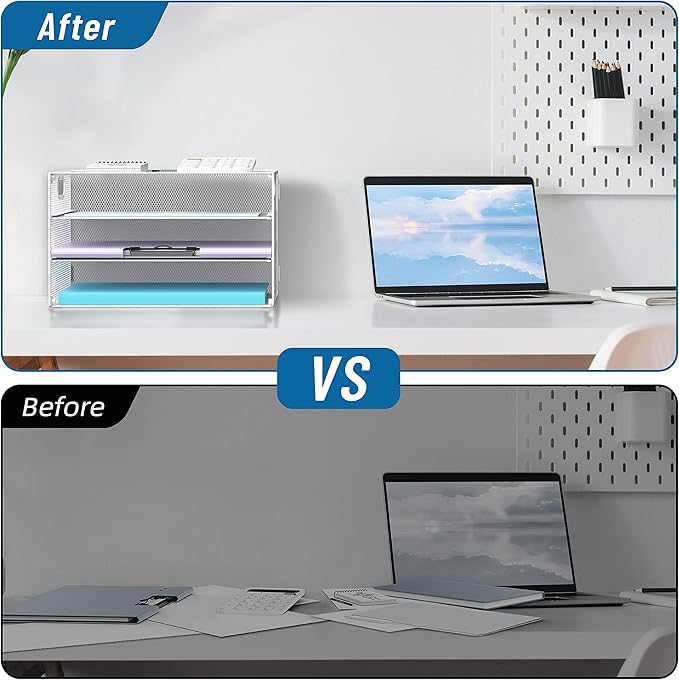 DALTACK 3 Tier Letter Tray Paper Organizer with Handle, Mesh Desk File Organizer, Paper Tray Desk Organizer for School Office Home, Metal Mesh, White