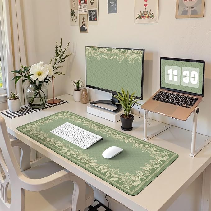 HAOCOO Light Green Desk Pad Mat, Desk Matt for Desktop with Edge Stitching, Non-Slip Mouse Pad Large, Cute Keyboard Mat for Gaming,Women Office