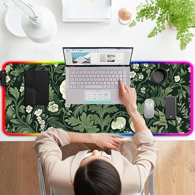 RGB Green Plant Wildflower Gaming Desk Mat, Computer Keyboard Large Extended Long Floral LED Mouse Pad for Office and Home, XL (W26)