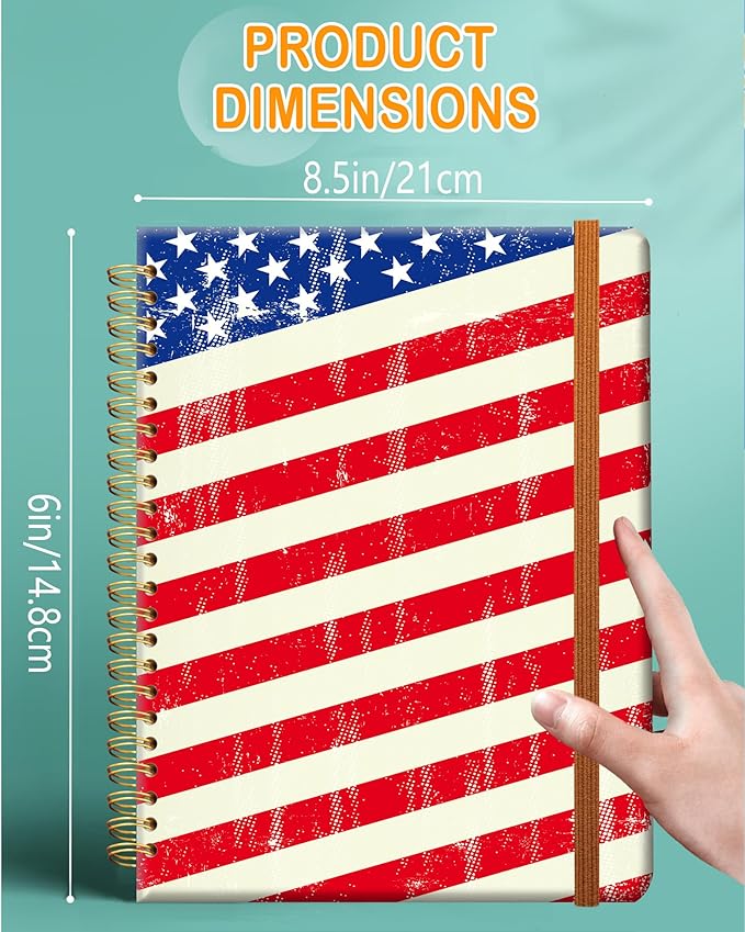 Ruled Spiral Writing Notebook,A5 Hardcover Lined College Journal for Women,Strong Twin-Wire Binding with Premium Paper,8.4" X 6",Perfect for School,Office,Home(Retro American Flag)