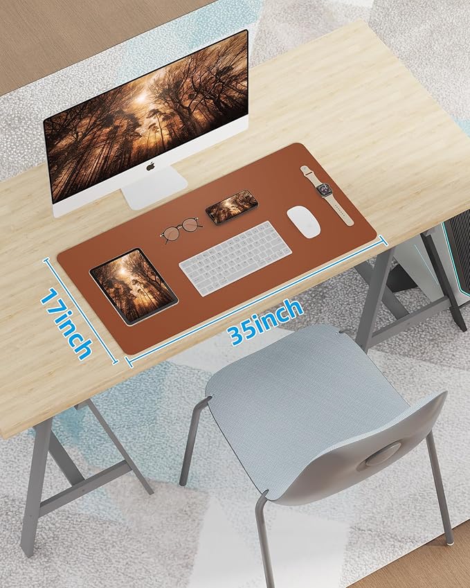 Leather Desk Pad Blotter,Mouse Pad,Office Desk Mat, Non-Slip PU Leather Desk mat,Large Desk mat,Waterproof Keyboard mat for Office/Home/Decor (Light Brown,35" x 17")