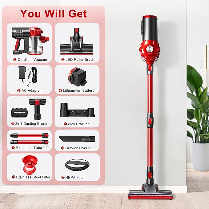 elezon A200 Cordless Vacuum Cleaner with 18000Pa Powerful Suction, 38 Min Runtime, 2200mAh Battery, HEPA Filter, Portable Stick Vacuum for Hardwood Floor, Lightweight Handheld for Home, Pet Hair, Car