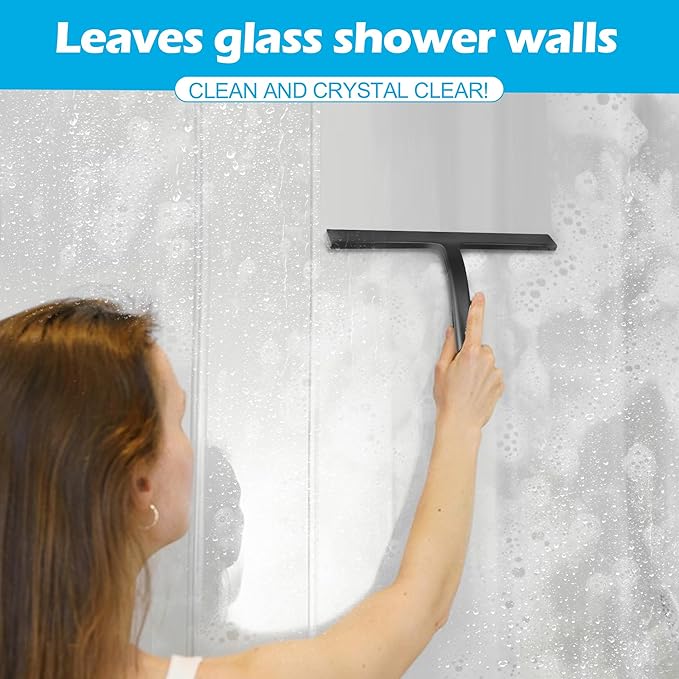 DNZPFU Shower Squeegee for Glass Doors, Mirror Window Tile Scrubber Cleaner with Hook Silicone (Black)