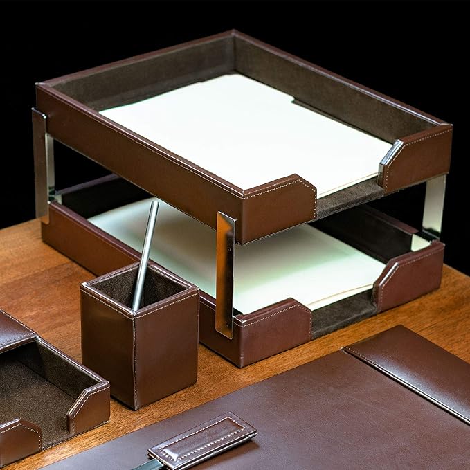 Dacasso Bonded Leather Desk Set - Luxury Leather Desk Pad & Desk Organization Essentials - Office Organization & Executive Desk Decor - (Dark Brown, 8 Piece)