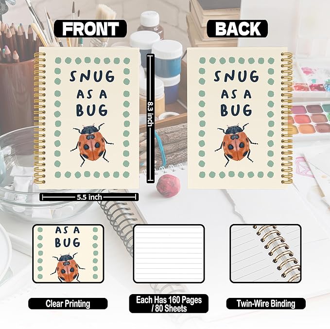 XPH Funny Ladybird Spiral Notebook, Ladybug Journaling Notebooks for Note Taking, Retro Insect Hardcover Journal for Writing 160 Pages 5.5 x 8.3 Inch, Ladybug Gifts for Women Men