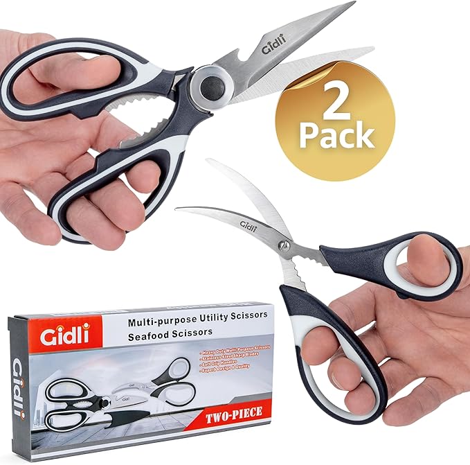 Kitchen Shears by Gidli - Liftime Replacement Warranty* - Includes Seafood Scissors As a Bonus - Heavy Duty Utility Stainless Steel All Purpose Ultra Sharp Scissors for Food/Cooking