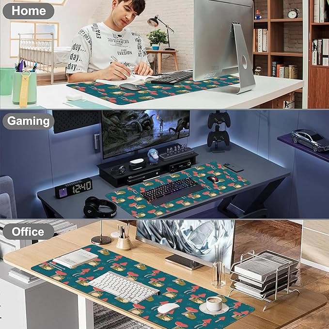 Desk Pad, Cute Green Frogs and Mushrooms Extended Large Gaming Mouse Pad XXL, Large Desk Mat for Desktop with Non-Slip Rubber Base Stitched Edges for Home Office 35.4"X15.7"