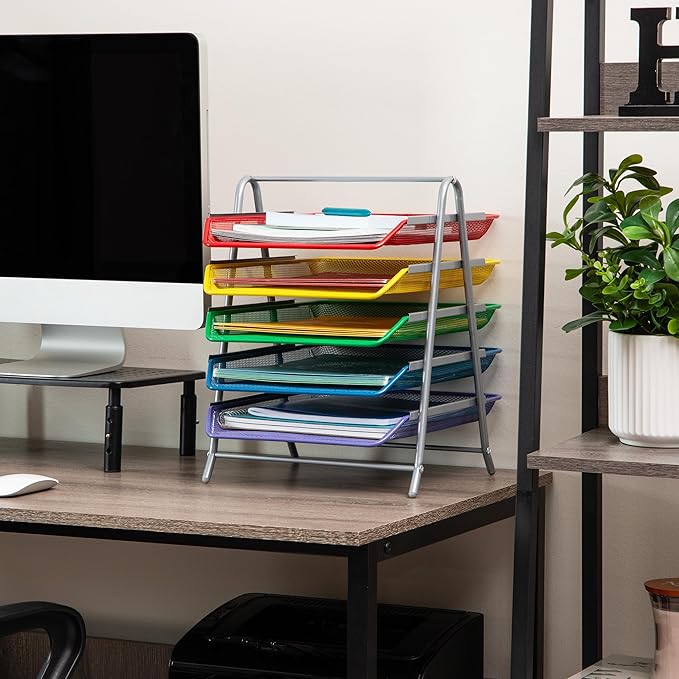 Mind Reader 5-Tier Paper Tray Organizer with Multicolor Trays, Classroom File Organizer for Teachers, Metal Mesh, Assorted Colors