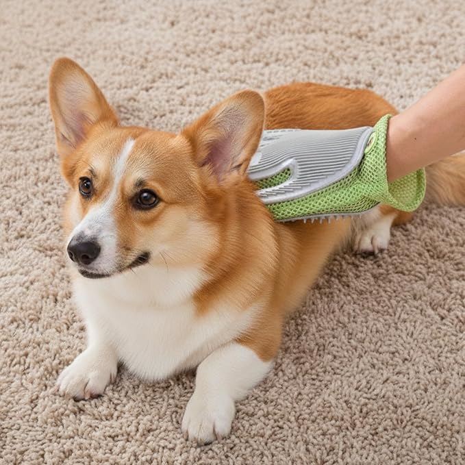 PetPals Single Pet Hair Removal Grooming Glove, Suitable for Long- and Short-Haired Dogs and Cats. Double-Sided with Pet Hair Removal and Cleaning for Furnitures. Green