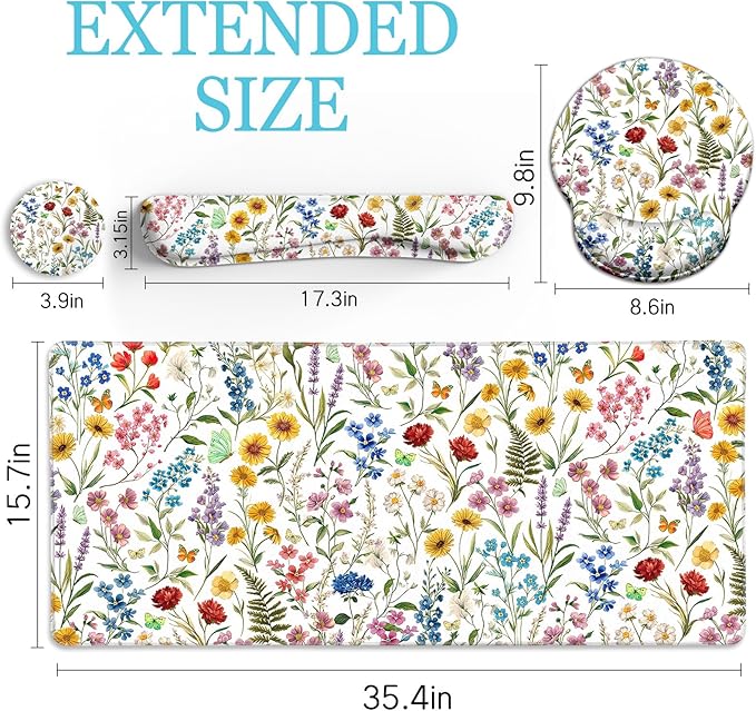 Floral Mouse Pad Set Large Desk Mat for Desktop, Ergonomic Mouse Pad with Gel Wrist Rest for Gaming, Computer Keyboard Mat Wrist Support Cup Coaster Set, Women Office Desk Accessories Decor