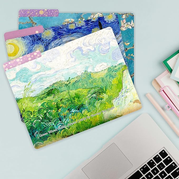 PARTH IMPEX 12 Pack Vincent Van Gogh Decorative File Folders, 1/3 Cut Tab with Assorted Positions, Letter Size Paper Holders (9.37” x 11.75”) Matte Finish Laminated for Office School Work
