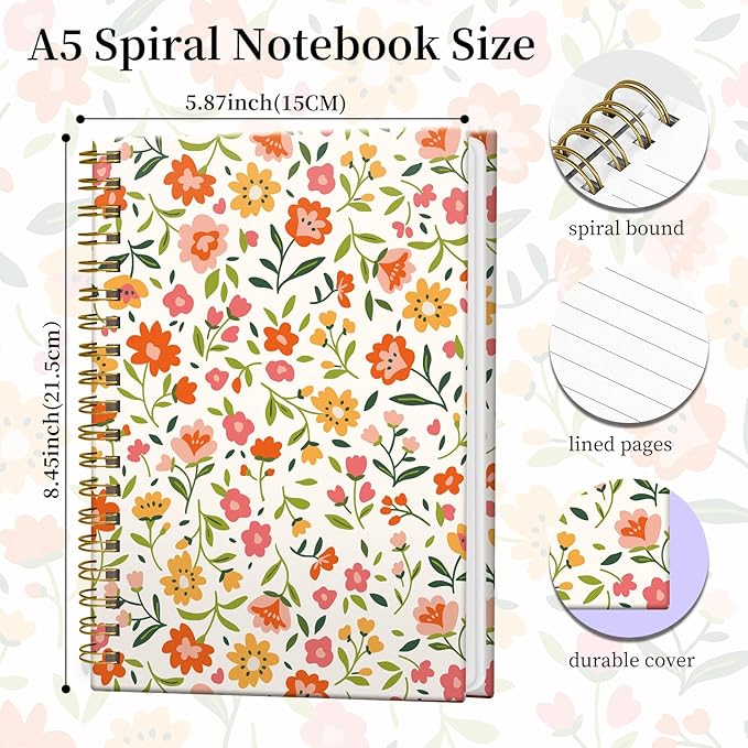 Spiral Notebook Journal for Women Men, A5 Hardcover Journal, 120 Pages Thick Paper, College Ruled Writing Notebook for School, Work & Office 8.3'' × 5.9''(Orange Flowers)