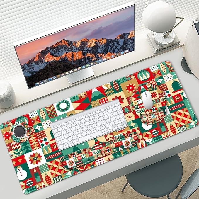 AIMSA Keyboard Mouse Pad Wrist Rest Set, Large Gaming Mouse Desk Pad with Wrist Support Ergonomic Design, 4 in 1 Mousepad for Home Office, Snowman Bell Christmas